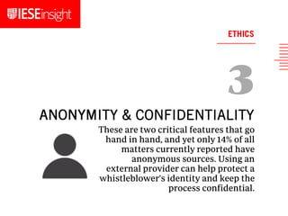These are two critical features that go
hand in hand, and yet only 14% of all
matters currently reported have
anonymous sources. Using an
external provider can help protect a
whistleblower's identity and keep the
process confidential.
ANONYMITY & CONFIDENTIALITY
ETHICS
 