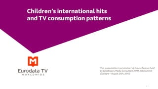 1
Children’s international hits
and TV consumption patterns
This presentation is an abstract of the conference held
by Léa Besson, Media Consultant, HMR Kids Summit
(Cologne – August 25th, 2015)
 