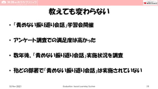 教えても変わらない
• 「責めない振り返り会話」学習会開催
• アンケート調査での満足度は高かった
• 数年後、「責めない振り返り会話」実施状況を調査
• 殆どの部署で「責めない振り返り会話」は実施されていない
10 Nov 2021 Evaluation-based Learning System 19
 