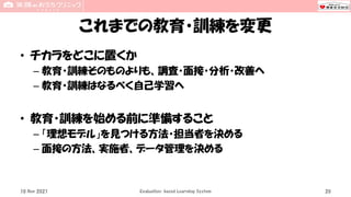 これまでの教育・訓練を変更
• チカラをどこに置くか
– 教育・訓練そのものよりも、調査・面接・分析・改善へ
– 教育・訓練はなるべく自己学習へ
• 教育・訓練を始める前に準備すること
– 「理想モデル」を見つける方法・担当者を決める
– 面接の方法、実施者、データ管理を決める
10 Nov 2021 Evaluation-based Learning System 20
 
