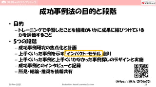 成功事例法の目的と段階
• 目的
– トレーニングで学習したことを組織がいかに成果に結びつけている
かを評価すること
• 5つの段階
– 成功事例研究の焦点化と計画
– 上手くいった事例を示す「インパクト・モデル」創り
– 上手くいった事例と上手くいかなかった事例探しのデザインと実施
– 成功事例とのインタビューと記録
– 所見・結論・推奨を情報共有
10 Nov 2021 Evaluation-based Learning System 28
(https://bit.ly/2YDdoC0)
 