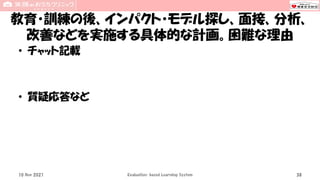 教育・訓練の後、インパクト・モデル探し、面接、分析、
改善などを実施する具体的な計画。困難な理由
• チャット記載
• 質疑応答など
10 Nov 2021 Evaluation-based Learning System 38
 