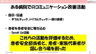 ある病院でのコミュニケーション改善活動
• 指示・伝達
– ダブルチェック、トリプルチェック（一部の部署）
• 患者を患者安全に巻き込む
– Speak Up活動
10 Nov 2021 Evaluation-based Learning System 45
これらの活動を評価するため、
患者安全担当者と、患者・家族代表者が
話し合う場を創った
 
