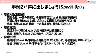 事例2：「声に出しましょう（Speak Up）」
• 患者安全担当者
– 講習会後、一部の部署で、多職種間でのSpeak Up改善事例あり
– 医師に対するSpeak Upは、文化として困難さが訴えられている
– 患者・家族のSpeak Upは、一定数あるが、増加していない
• 患者家族
– 病院スタッフ間のSpeak Upは外部からは観察難しい
– 患者・家族が、Speak Upできたら、SNSで「いいね！」
• 合意形成
– 職員間のSpeak Up事例を会員限定SNSで公開して、患者家族はSNS「いいね！」
– 患者・家族のSpeak Up事例も「対応スタッフ、いいね！」で反映
10 Nov 2021 Evaluation-based Learning System 47
 