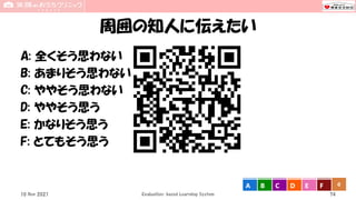 周囲の知人に伝えたい
A: 全くそう思わない
B: あまりそう思わない
C: ややそう思わない
D: ややそう思う
E: かなりそう思う
F: とてもそう思う
Evaluation-based Learning System 74
10 Nov 2021
0
A B C D E F
 