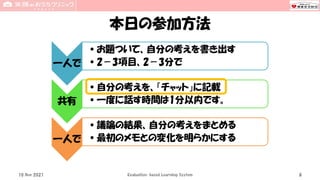 本日の参加方法
10 Nov 2021 Evaluation-based Learning System 8
一人で
•お題ついて、自分の考えを書き出す
•2－3項目、2－3分で
共有
•自分の考えを、「チャット」に記載
•一度に話す時間は1分以内です。
一人で
•議論の結果、自分の考えをまとめる
•最初のメモとの変化を明らかにする
 