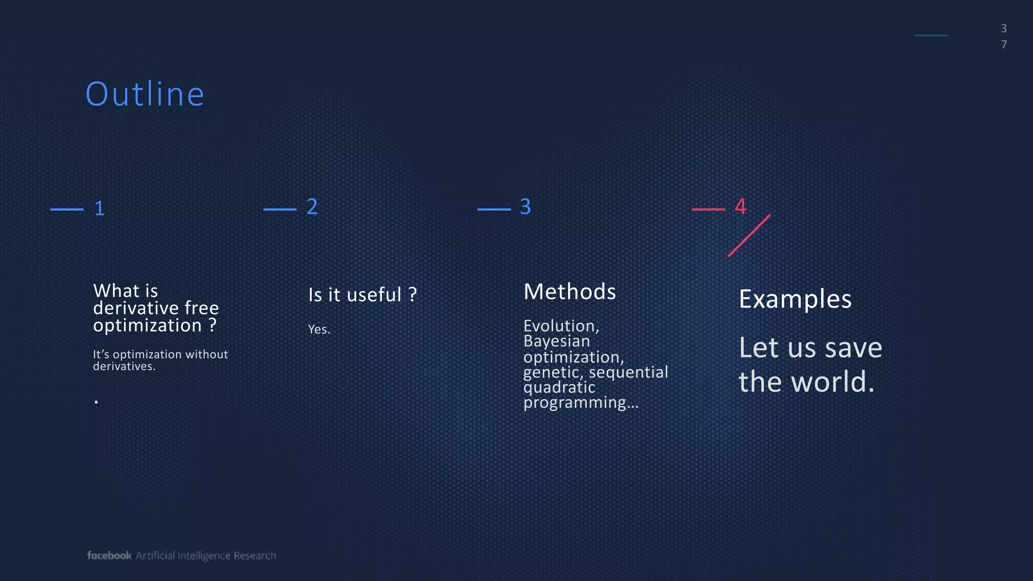 3
7
Methods
Evolution,
Bayesian
optimization,
genetic, sequential
quadratic
programming…
Examples
Let us save
the world.
Is it useful ?
Yes.
What is
derivative free
optimization ?
It’s optimization without
derivatives.
.
1 2 3 4
Outline
 