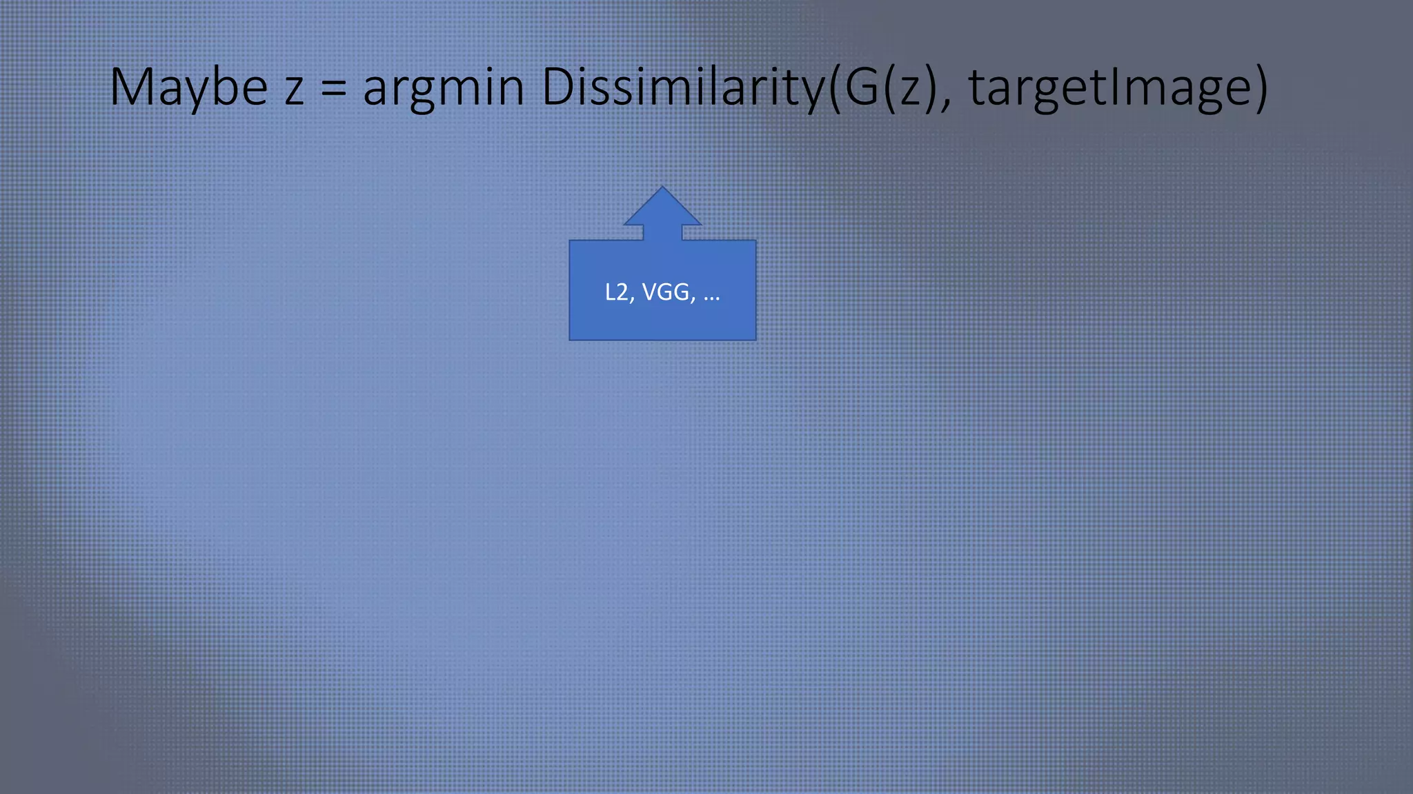 Maybe z = argmin Dissimilarity(G(z), targetImage)
L2, VGG, …
 