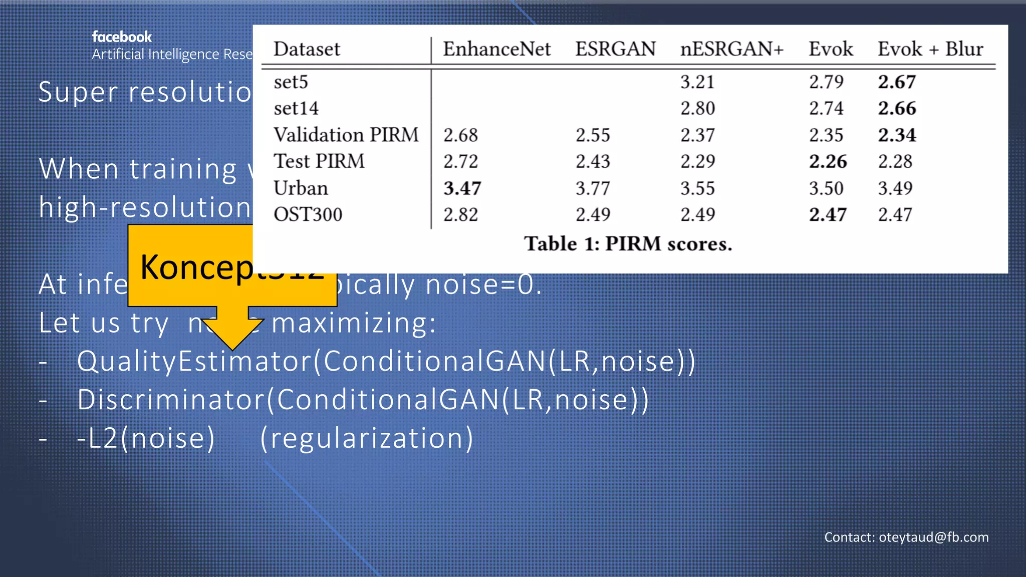 Super resolution
When training with noise injection:
high-resolution = ConditionalGAN(LR, noise)
At inference time, typically noise=0.
Let us try noise maximizing:
- QualityEstimator(ConditionalGAN(LR,noise))
- Discriminator(ConditionalGAN(LR,noise))
- -L2(noise) (regularization)
. 2019
Contact: oteytaud@fb.com
Koncept512
 