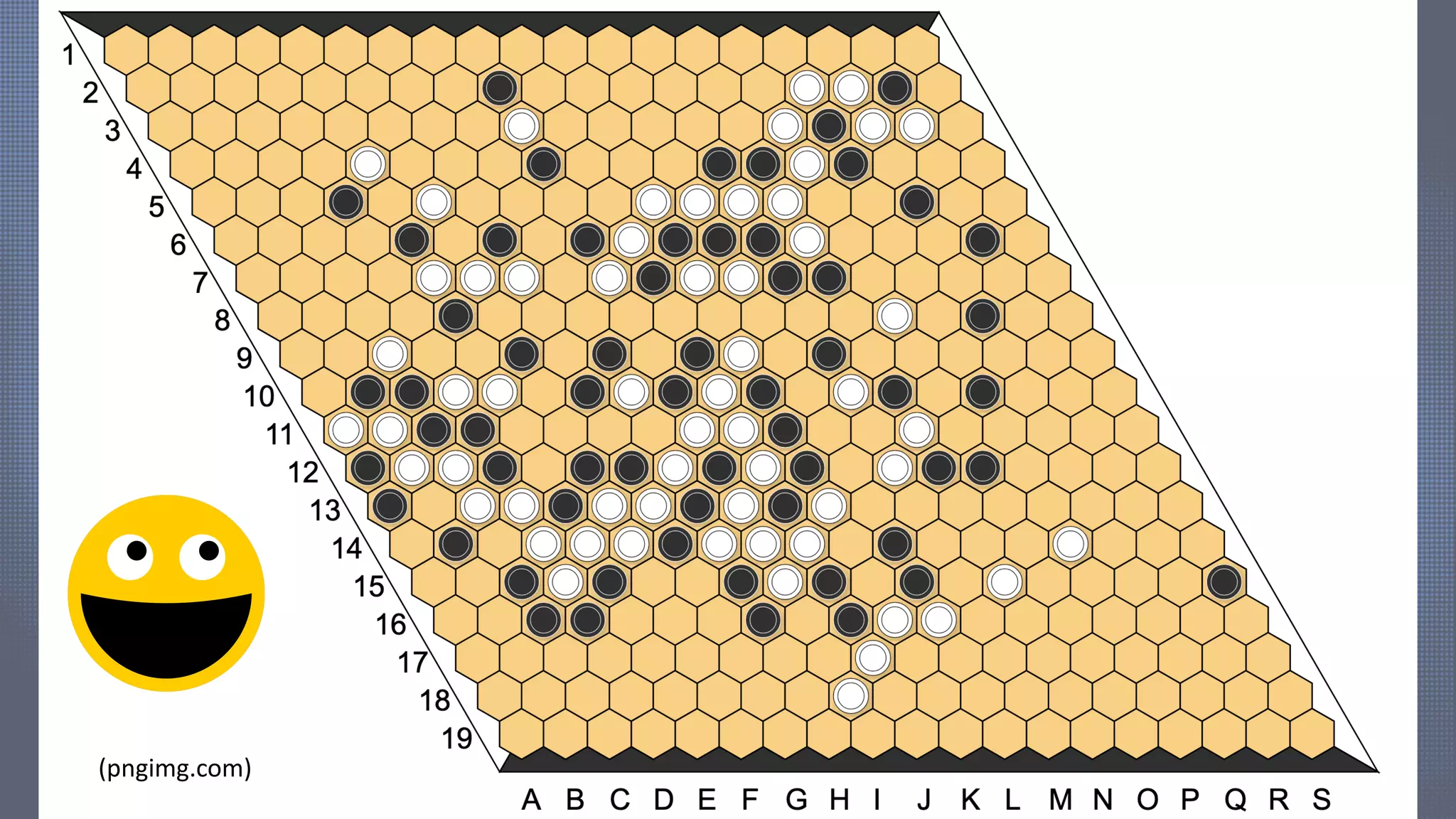 HEX
Simplest rules ever!
I play black.
You play white.
We put a stone in turn.
If I connect my sides, I win.
If you connect your sides, you win.
Theorem: no draw.
Until 2019/10/31: no computer managed to beat the best humans!
(pngimg.com)
 