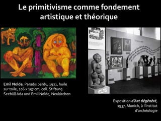 Le primitivisme comme fondement 
artistique et théorique 
Emil Nolde, Paradis perdu, 1921, huile 
sur toile, 106 x 157 cm, coll. Stiftung 
Seebüll Ada und Emil Nolde, Neukirchen 
Exposition d’Art dégénéré, 
1937, Munich, à l’Institut 
d’archéologie 
 