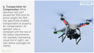 Get the full write up of
this slideshare HERE
6. Transportation for
Compensation: While
operators still can’t
exceed the 55lb-limit for
drone weight, the FAA
has specifically enabled
transportation of property
for compensation. An
operator who is
compliant with the rest of
the safety requirements
(for example, maintaining
visual line of sight), can
now deliver packages for
money.
 
