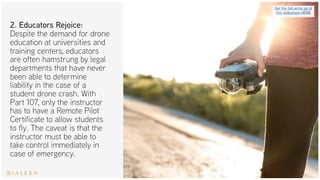 2. Educators Rejoice:
Despite the demand for drone
education at universities and
training centers, educators
are often hamstrung by legal
departments that have never
been able to determine
liability in the case of a
student drone crash. With
Part 107, only the instructor
has to have a Remote Pilot
Certificate to allow students
to fly. The caveat is that the
instructor must be able to
take control immediately in
case of emergency.
Get the full write up of
this slideshare HERE
 
