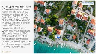 4. Fly Up to 400 feet—with
a Caveat: While most drone
flights are still limited to a
maximum altitude of 400
feet , Part 107 introduces
an exception. Now, you can
fly above this limit if you’re
within 400 feet of a
permanent structure, in
which case your maximum
altitude is limited to 400
feet above that structure.
For example, commercial
drones can now inspect the
top of a skyscraper, even if
it is over 400 feet tall.
Get the full write up of
this slideshare HERE
 