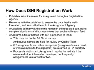 How Does ISNI Registration Work
• Publisher submits names for assignment through a Registration
Agency
• RA works with the publisher to ensure the data feed is well-
formatted, and sends that feed to the Assignment Agency
• AA assigns as many ISNIs to the names in the feed as it can, using
complex algorithms and business rules that evolve with each feed
• AA returns a file of names with ISNIs attached to them
– This may not be the full file of names
– Ambiguous names are held for review by Quality Team
– QT assignments and other exceptions (assignments as a result
of improvements to the algorithm) are returned to RA quarterly
– Process is not instant. Assignment may be immediate if the
name and other information is unique, but frequently
assignments take a week or two.
 