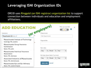 Leveraging ISNI Organization IDs
ORCID uses Ringgold (an ISNI registrar) organization list to support
connection between individuals and education and employment
affiliations.
 