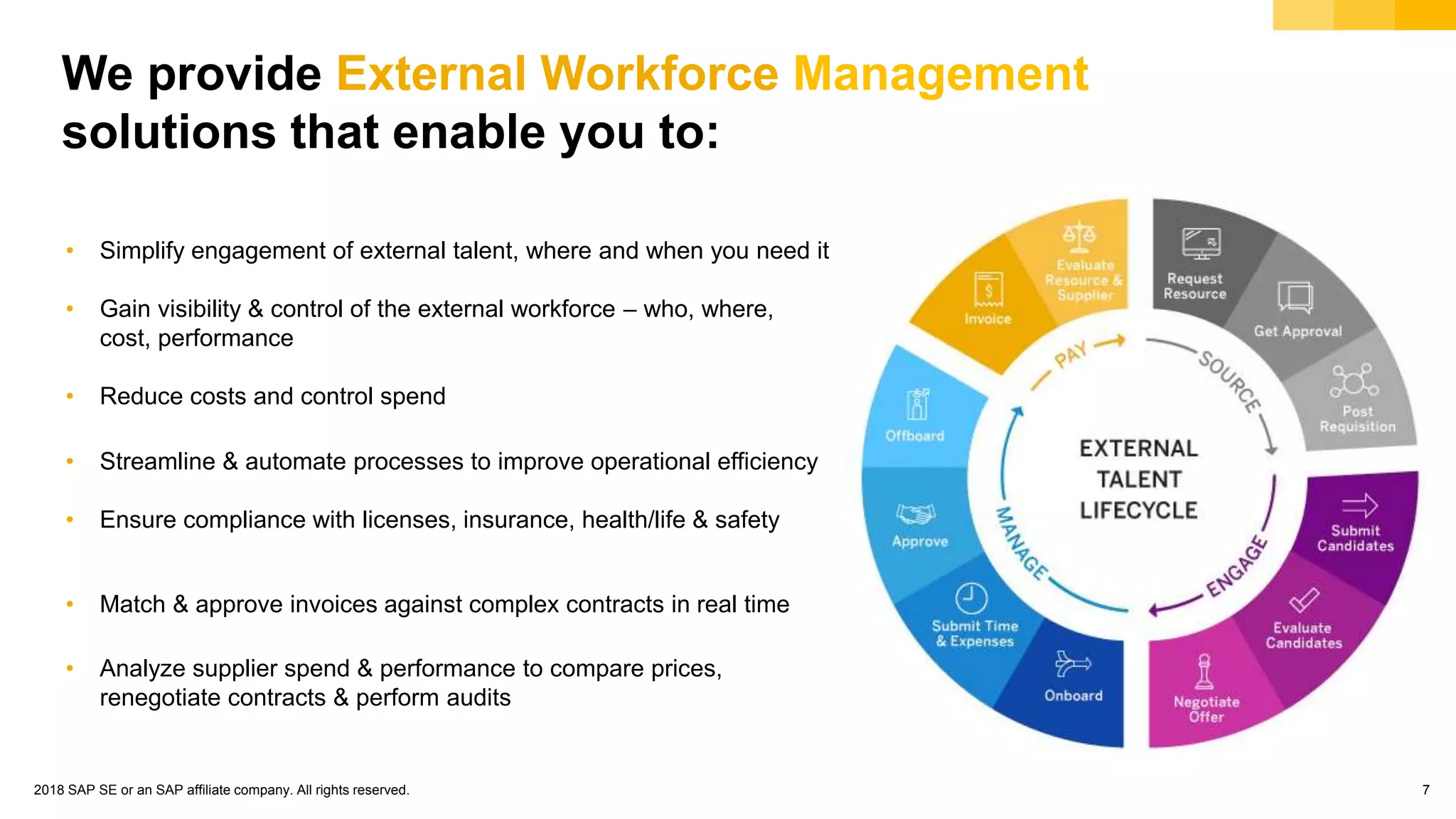 © 2018 SAP SE or an SAP affiliate company. All rights reserved. 7
• Simplify engagement of external talent, where and when you need it
• Gain visibility & control of the external workforce – who, where,
cost, performance
• Reduce costs and control spend
• Streamline & automate processes to improve operational efficiency
• Ensure compliance with licenses, insurance, health/life & safety
• Match & approve invoices against complex contracts in real time
• Analyze supplier spend & performance to compare prices,
renegotiate contracts & perform audits
We provide External Workforce Management
solutions that enable you to:
 