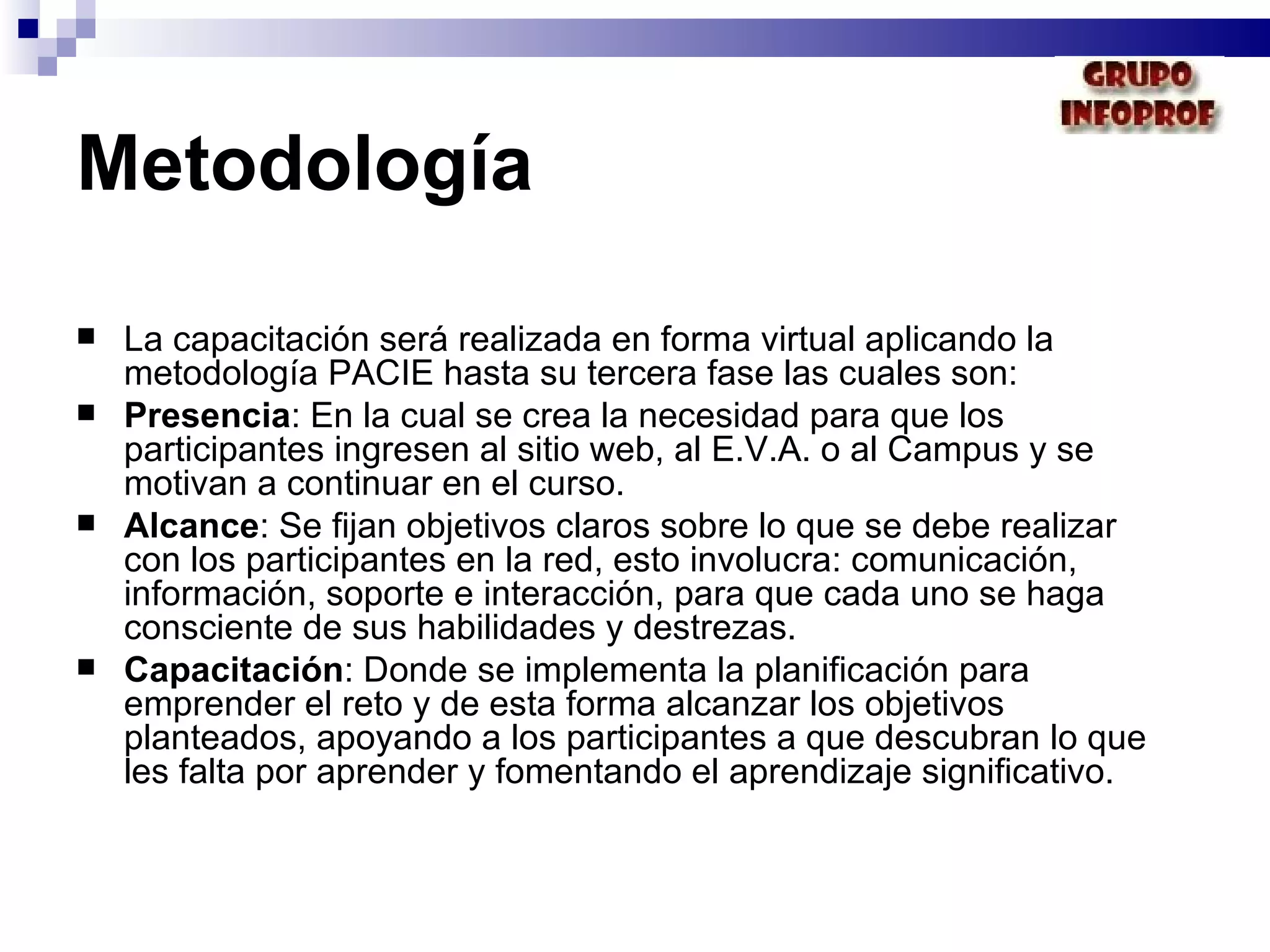 Metodología La capacitación será realizada en forma virtual aplicando la metodología PACIE hasta su tercera fase las cuales son: Presencia : En la cual se crea la necesidad para que los participantes ingresen al sitio web, al E.V.A. o al Campus y se motivan a continuar en el curso. Alcance : Se fijan objetivos claros sobre lo que se debe realizar con los participantes en la red, esto involucra: comunicación, información, soporte e interacción, para que cada uno se haga consciente de sus habilidades y destrezas. Capacitación : Donde se implementa la planificación para emprender el reto y de esta forma alcanzar los objetivos planteados, apoyando a los participantes a que descubran lo que les falta por aprender y fomentando el aprendizaje significativo. 