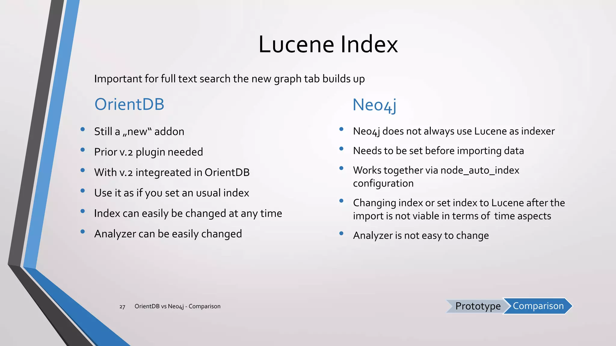 ComparisonPrototype
Lucene Index
OrientDB
• Still a „new“ addon
• Prior v.2 plugin needed
• With v.2 integreated in OrientDB
• Use it as if you set an usual index
• Index can easily be changed at any time
• Analyzer can be easily changed
Neo4j
• Neo4j does not always use Lucene as indexer
• Needs to be set before importing data
• Works together via node_auto_index
configuration
• Changing index or set index to Lucene after the
import is not viable in terms of time aspects
• Analyzer is not easy to change
OrientDB vs Neo4j - Comparison27
Important for full text search the new graph tab builds up
 
