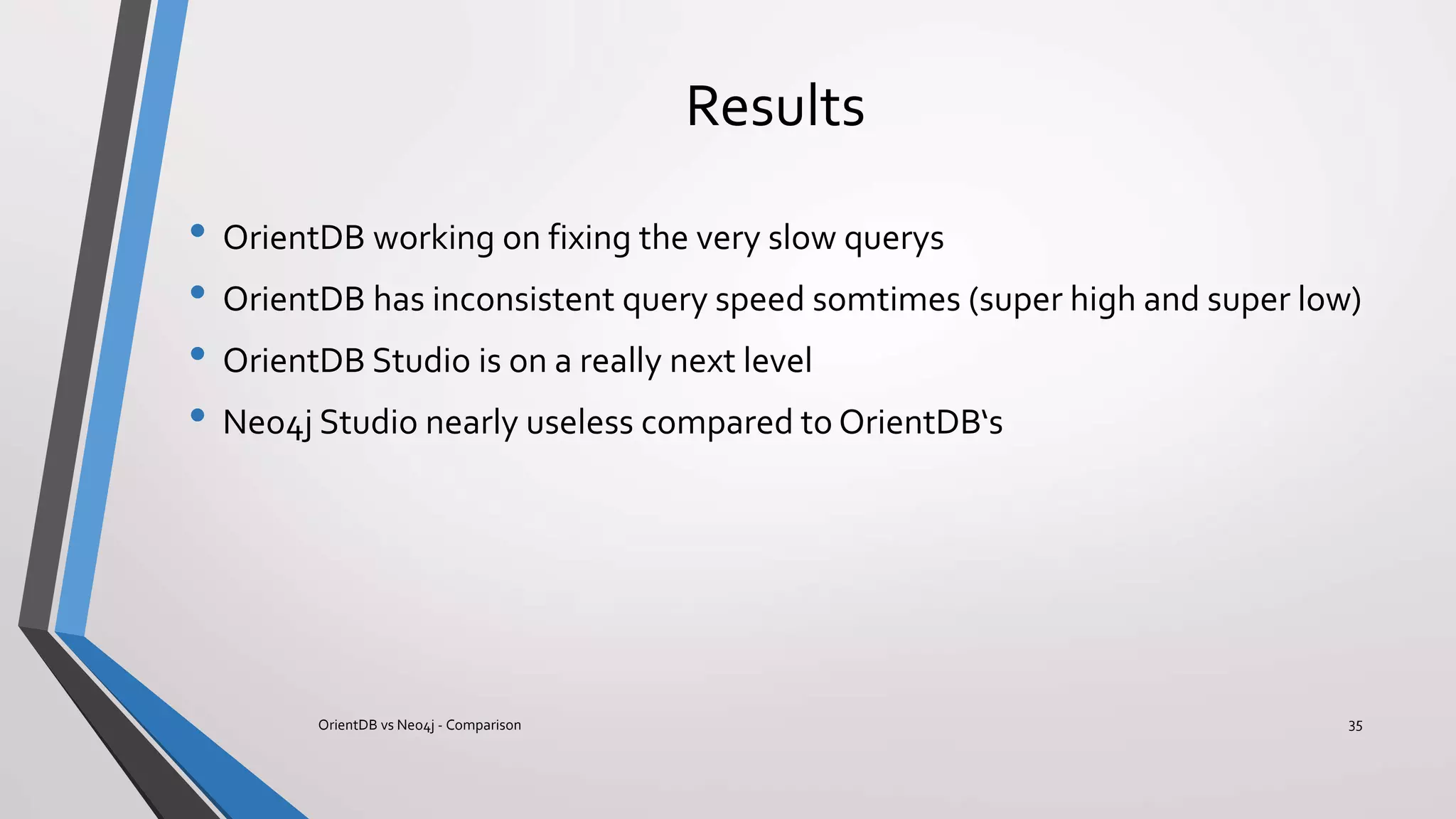 Results
• OrientDB working on fixing the very slow querys
• OrientDB has inconsistent query speed somtimes (super high and super low)
• OrientDB Studio is on a really next level
• Neo4j Studio nearly useless compared to OrientDB‘s
OrientDB vs Neo4j - Comparison 35
 