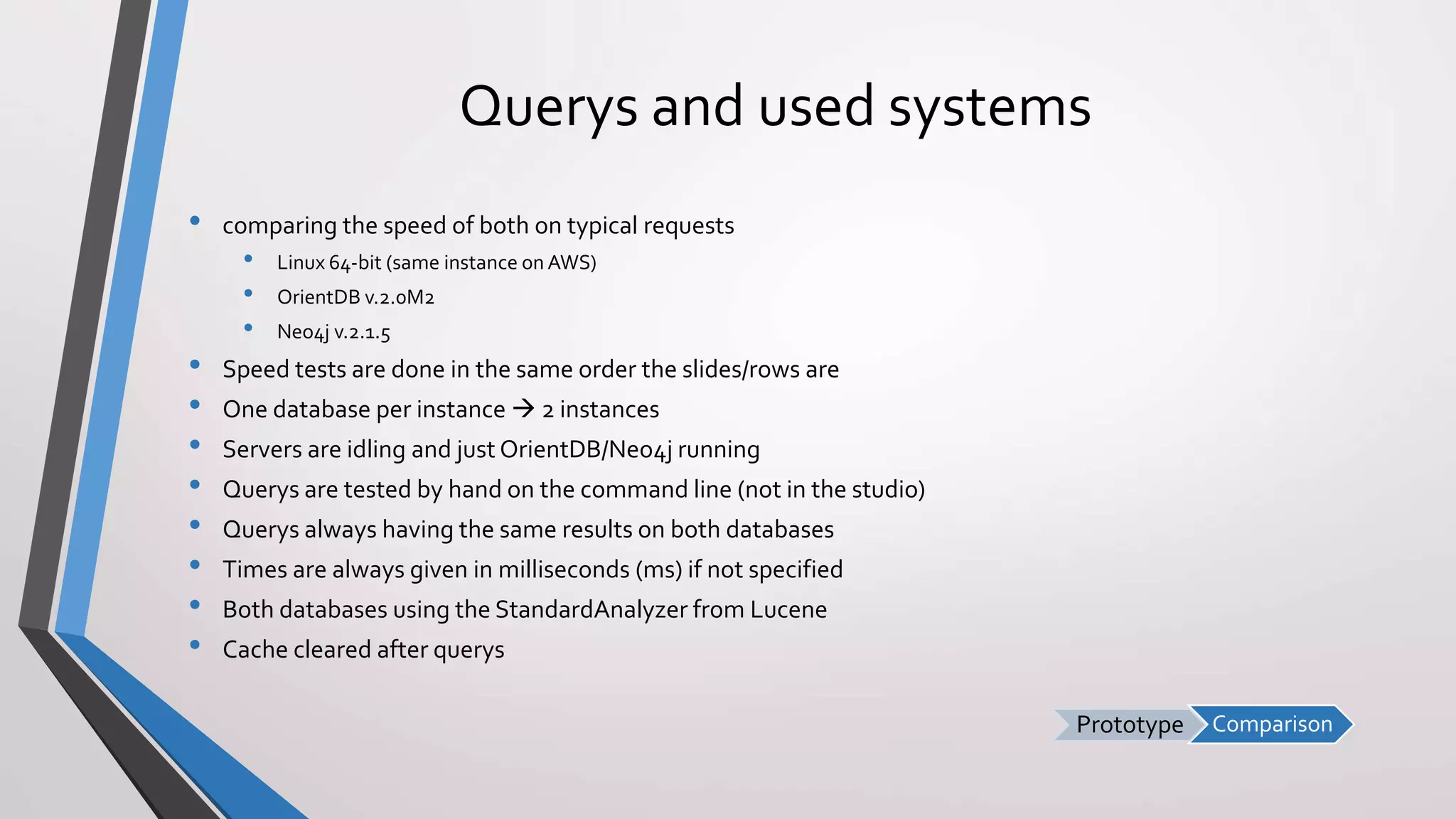 ComparisonPrototype
Querys and used systems
• comparing the speed of both on typical requests
• Linux 64-bit (same instance on AWS)
• OrientDB v.2.0M2
• Neo4j v.2.1.5
• Speed tests are done in the same order the slides/rows are
• One database per instance  2 instances
• Servers are idling and just OrientDB/Neo4j running
• Querys are tested by hand on the command line (not in the studio)
• Querys always having the same results on both databases
• Times are always given in milliseconds (ms) if not specified
• Both databases using the StandardAnalyzer from Lucene
• Cache cleared after querys
 