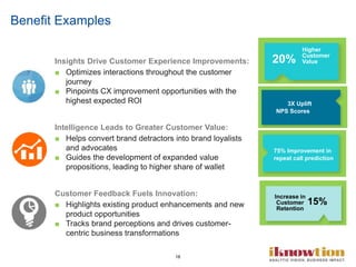 18
Benefit Examples
Insights Drive Customer Experience Improvements:
■ Optimizes interactions throughout the customer
journey
■ Pinpoints CX improvement opportunities with the
highest expected ROI
Intelligence Leads to Greater Customer Value:
■ Helps convert brand detractors into brand loyalists
and advocates
■ Guides the development of expanded value
propositions, leading to higher share of wallet
Customer Feedback Fuels Innovation:
■ Highlights existing product enhancements and new
product opportunities
■ Tracks brand perceptions and drives customer-
centric business transformations
75% Improvement in
repeat call prediction
3X Uplift
NPS Scores
Increase in
Customer
Retention
15%
Higher
Customer
Value20%
 