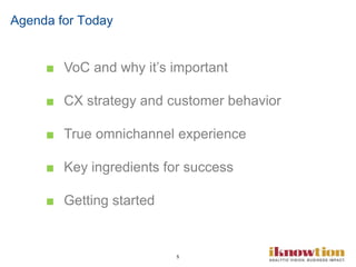 5
Agenda for Today
■ VoC and why it’s important
■ CX strategy and customer behavior
■ True omnichannel experience
■ Key ingredients for success
■ Getting started
 