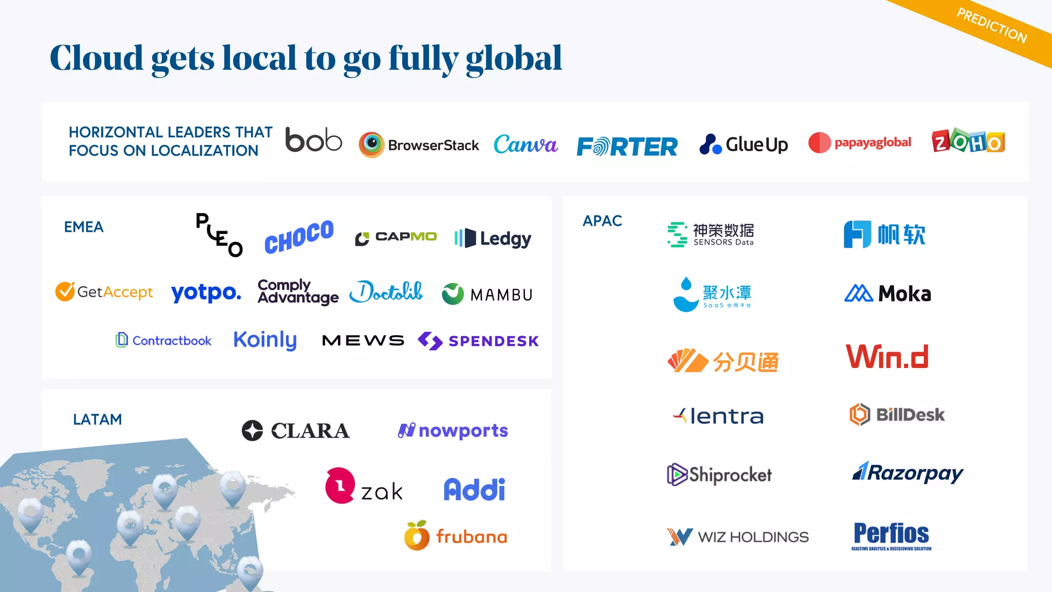 PREDICTION
Cloud gets local to go fully global
HORIZONTAL LEADERS THAT
FOCUS ON LOCALIZATION
LATAM
APAC
EMEA
 