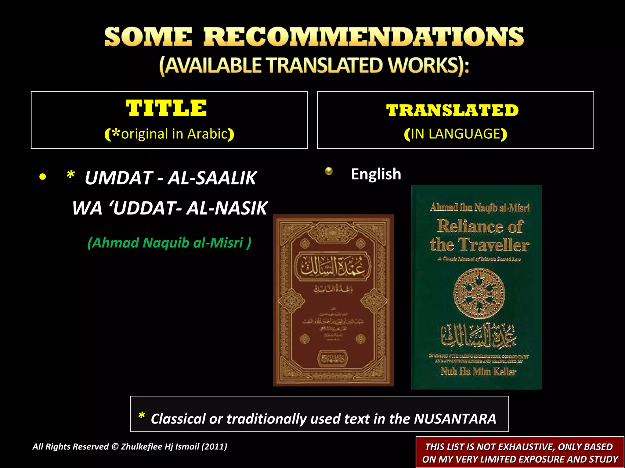 *  UMDAT - AL-SAALIK WA ‘UDDAT- AL-NASIK (Ahmad Naquib al-Misri ) English  All Rights Reserved © Zhulkeflee Hj Ismail (2011 ) TITLE  (* original in Arabic ) TRANSLATED   ( IN LANGUAGE ) *   Classical or traditionally used text in the NUSANTARA THIS LIST IS NOT EXHAUSTIVE, ONLY BASED  ON MY VERY LIMITED EXPOSURE AND STUDY 
