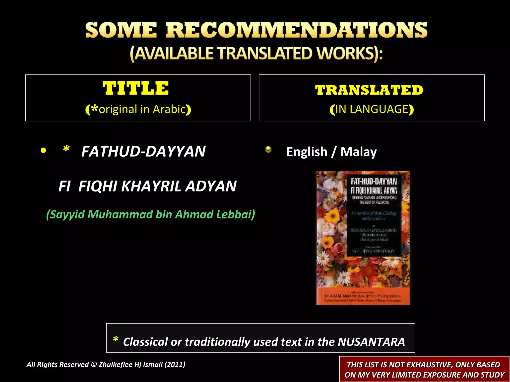 *  FATHUD-DAYYAN  FI  FIQHI KHAYRIL ADYAN (Sayyid Muhammad bin Ahmad Lebbai) English / Malay All Rights Reserved © Zhulkeflee Hj Ismail (2011 ) TITLE  (* original in Arabic ) TRANSLATED   ( IN LANGUAGE ) *   Classical or traditionally used text in the NUSANTARA THIS LIST IS NOT EXHAUSTIVE, ONLY BASED  ON MY VERY LIMITED EXPOSURE AND STUDY 