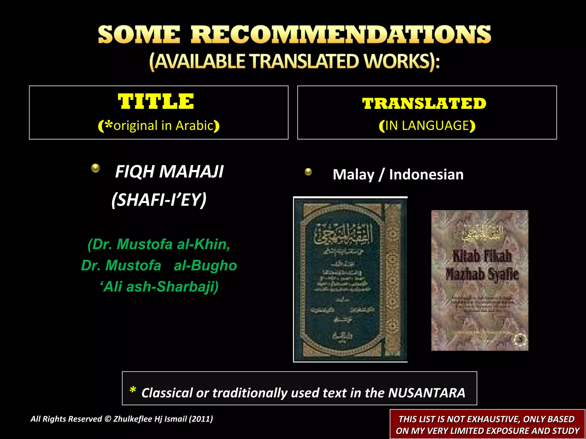 FIQH MAHAJI  (SHAFI-I’EY) (Dr. Mustofa al-Khin, Dr. Mustofa  al-Bugho ‘ Ali ash-Sharbaji) Malay / Indonesian  All Rights Reserved © Zhulkeflee Hj Ismail (2011 ) TITLE  (* original in Arabic ) TRANSLATED   ( IN LANGUAGE ) *   Classical or traditionally used text in the NUSANTARA THIS LIST IS NOT EXHAUSTIVE, ONLY BASED  ON MY VERY LIMITED EXPOSURE AND STUDY 
