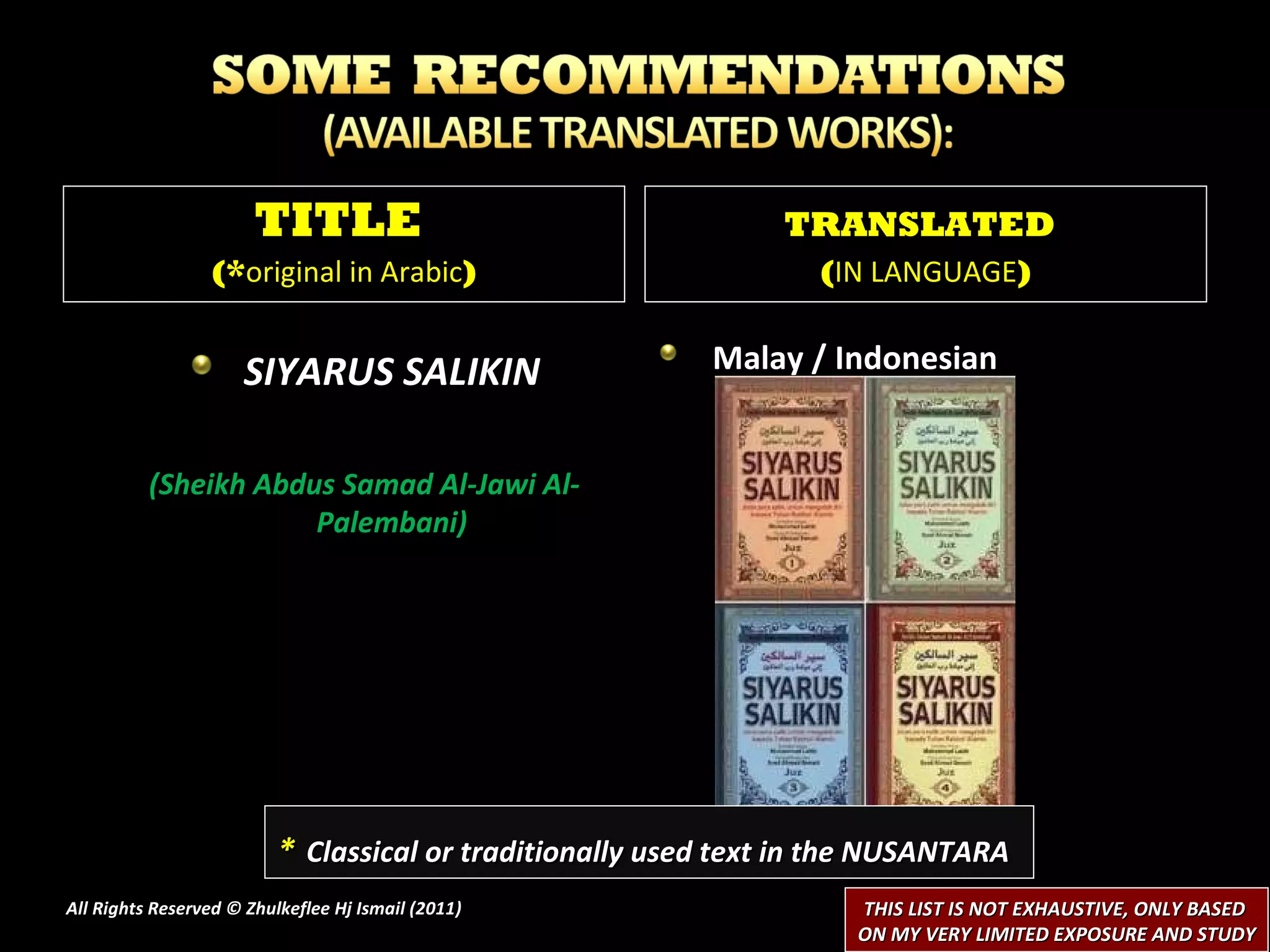 SIYARUS SALIKIN (Sheikh  Abdus Samad Al-Jawi Al-Palembani ) Malay / Indonesian  All Rights Reserved © Zhulkeflee Hj Ismail (2011 ) TITLE  (* original in Arabic ) TRANSLATED   ( IN LANGUAGE ) *   Classical or traditionally used text in the NUSANTARA THIS LIST IS NOT EXHAUSTIVE, ONLY BASED  ON MY VERY LIMITED EXPOSURE AND STUDY 