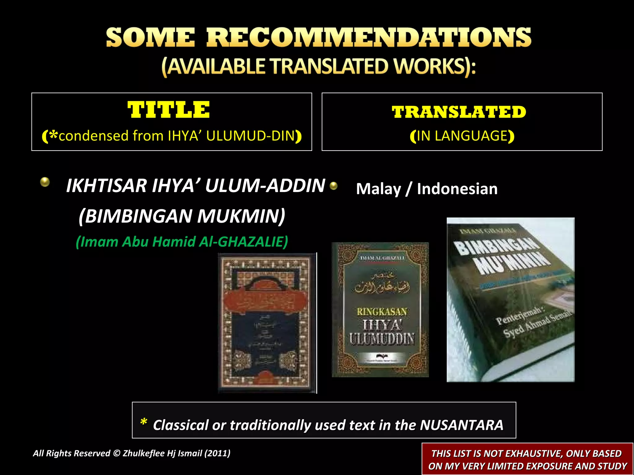 IKHTISAR IHYA’ ULUM-ADDIN (BIMBINGAN MUKMIN) (Imam  Abu Hamid Al-GHAZALIE ) Malay / Indonesian  All Rights Reserved © Zhulkeflee Hj Ismail (2011 ) TITLE  (* condensed from IHYA’ ULUMUD-DIN ) TRANSLATED   ( IN LANGUAGE ) *   Classical or traditionally used text in the NUSANTARA THIS LIST IS NOT EXHAUSTIVE, ONLY BASED  ON MY VERY LIMITED EXPOSURE AND STUDY 