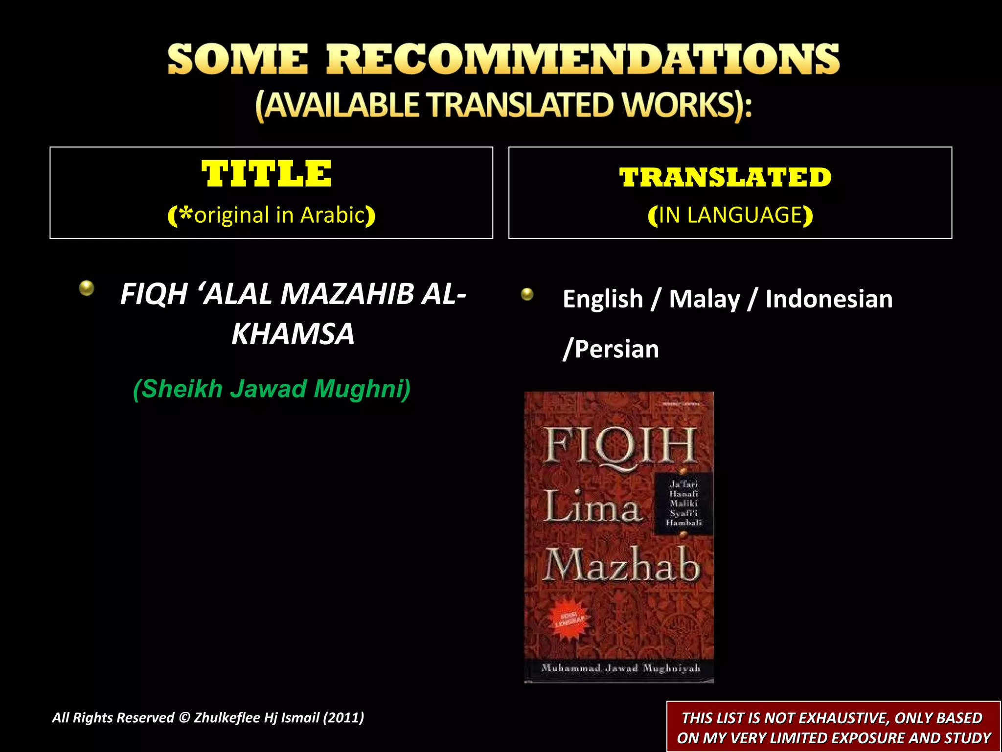 FIQH ‘ALAL MAZAHIB AL-KHAMSA (Sheikh Jawad Mughni) English / Malay / Indonesian /Persian All Rights Reserved © Zhulkeflee Hj Ismail (2011 ) TITLE  (* original in Arabic ) TRANSLATED   ( IN LANGUAGE ) THIS LIST IS NOT EXHAUSTIVE, ONLY BASED  ON MY VERY LIMITED EXPOSURE AND STUDY 