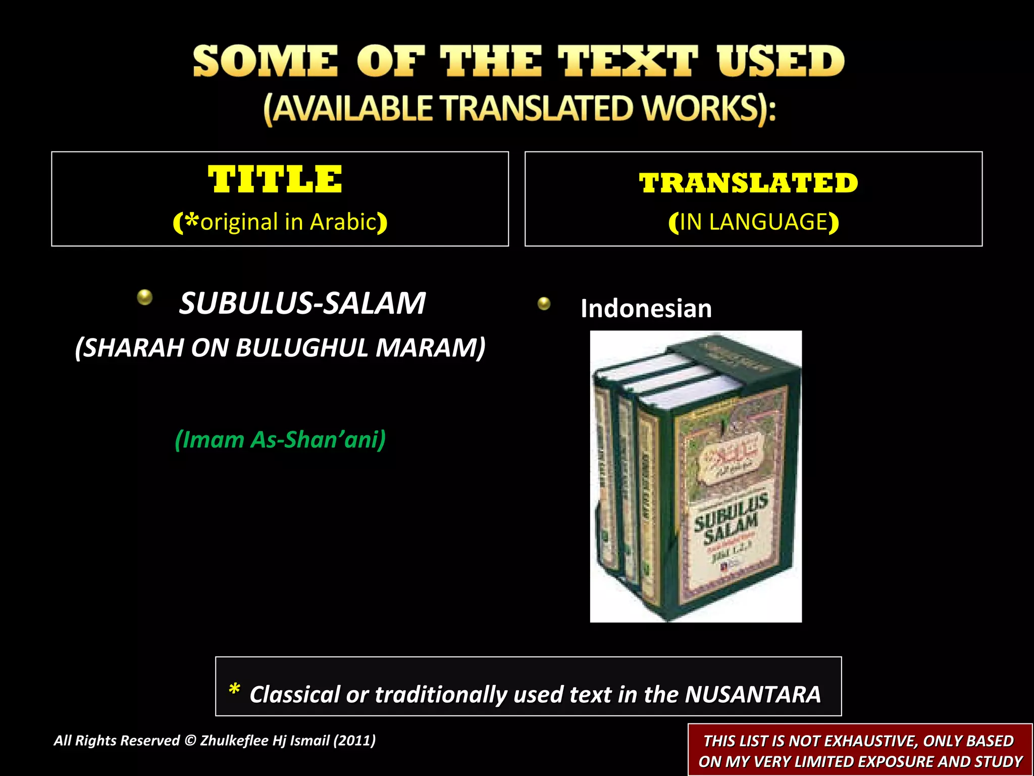 SUBULUS-SALAM (SHARAH ON BULUGHUL MARAM) (Imam As-Shan’ani) Indonesian All Rights Reserved © Zhulkeflee Hj Ismail (2011 ) TITLE  (* original in Arabic ) TRANSLATED   ( IN LANGUAGE ) *   Classical or traditionally used text in the NUSANTARA THIS LIST IS NOT EXHAUSTIVE, ONLY BASED  ON MY VERY LIMITED EXPOSURE AND STUDY 
