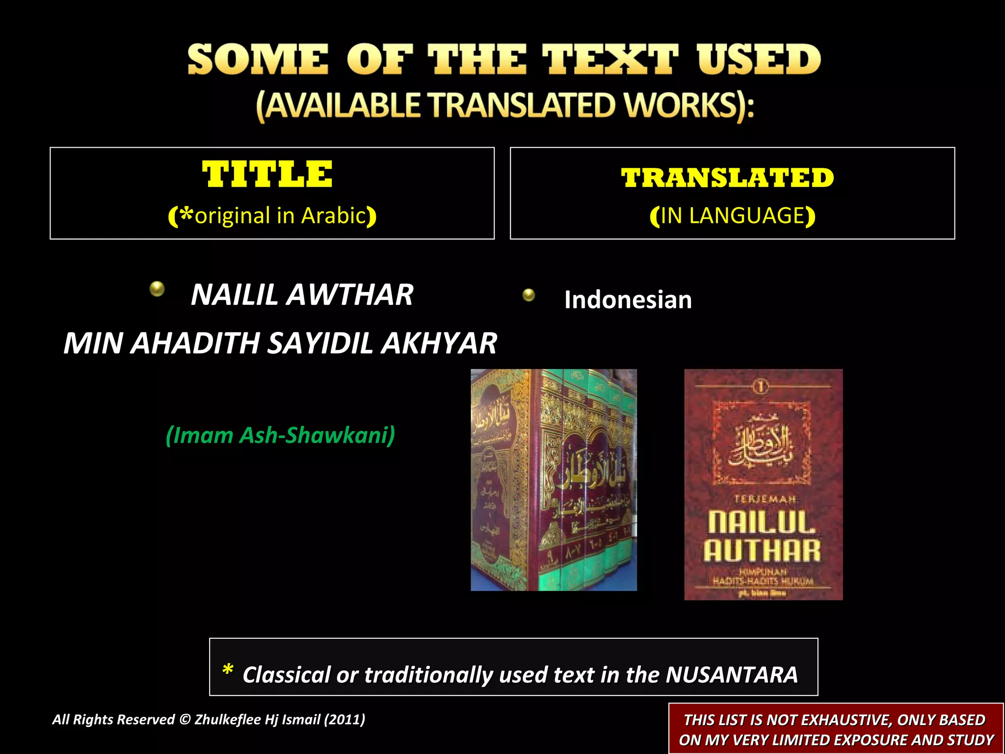 NAILIL AWTHAR MIN AHADITH SAYIDIL AKHYAR (Imam Ash-Shawkani) Indonesian All Rights Reserved © Zhulkeflee Hj Ismail (2011 ) TITLE  (* original in Arabic ) TRANSLATED   ( IN LANGUAGE ) *   Classical or traditionally used text in the NUSANTARA THIS LIST IS NOT EXHAUSTIVE, ONLY BASED  ON MY VERY LIMITED EXPOSURE AND STUDY 