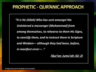 “ It is He (Allah) Who has sent amongst the Unlettered a messenger (Muhammad) from among themselves, to rehearse to them H...