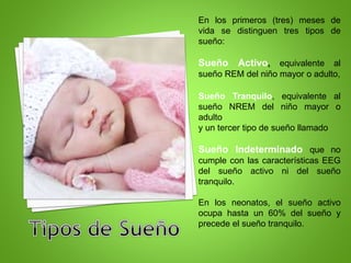 En los primeros (tres) meses de
vida se distinguen tres tipos de
sueño:
Sueño Activo, equivalente al
sueño REM del niño mayor o adulto,
Sueño Tranquilo, equivalente al
sueño NREM del niño mayor o
adulto
y un tercer tipo de sueño llamado
Sueño Indeterminado que no
cumple con las características EEG
del sueño activo ni del sueño
tranquilo.
En los neonatos, el sueño activo
ocupa hasta un 60% del sueño y
precede el sueño tranquilo.
 