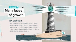 政治・環境といった社会問題の広がりや、生活者
個人の影響力拡大の波を受けて、利益を追求する
資本主義に基づくビジネス展開に変革が求められて
いる。企業は、単なる収益増加だけでない、新たな
成長目標を再定義する必要がある。
新たな成長の公式
 