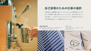 モスバーガー シニアインターンシップ採用
メディア画像の転載、
しかも他社の社員の顔がシッカり
うつっている者はさすがにまずい
です。
自己実現のための仕事の選択
仕事場での価値観が変わってきている。生活費を稼ぐために
多くの時間を仕事に費やすというよりは、自分が好きなこと
を仕事にし、生きがいやアイデンティティを探求するための
自己実現の場としての選択が広がっている。
モスバーガー
日本社会の高齢化に伴い、定年後のシニア層を
積極的に採用している
公務員の副業も解禁
公務員の他の事業への関与制限がこれまで法律で定められて
いたが、副業を後押しする自治体が出てきている
https://mos-recruit.jp/
スターバックス
マニュアルを超えて、店員一人ひとりがお客様におもてなしの接客を行なっている。
福利厚生の一環でメンタルヘルスサービスも提供している。
https://www.starbucks.co.jp/recruit/employment/barista.html
 