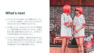 What’s next
• デジタルダブルは今後より広い範囲でのデータと
コンテキストを把握し、私たちのデジタルありき
の生活に欠かせない門番役となるだろう。
• その際に人々は、自分のデジタルダブルの管理者
として誰を信頼できるか問うようになる。企業は
膨大な個人情報を預かるにあたって、まず何より
も安全性を確立しなければならない。
• デジタルダブルの体験は、透明性が担保されるだ
けでなく同時に魅力的でなければならない。デジ
タルダブルをどうビジュアル化するかも、魅力的
な体験を築くために重要な観点となる。
 