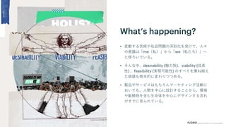 What’s happening?
• 変動する気候や社会問題の深刻化を受けて、人々
の意識は「me（私）」から「we（私たち）」へ
と移ろいでいる。
• そんな中、desirability (魅力性)、viability (成長
性) 、feasibility (実現可能性) のすべてを兼ね揃え
た価値も根本的に変わりつつある。
• 製品やサービスはもちろんマーケティング活動に
おいても、人間を中心に設計することから、環境
や動植物を含む生命体を中心にデザインする流れ
がすでに見られている。
 