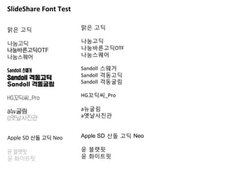 SlideShare	Font	Test	
	
	
맑은 고딕	
	
나눔고딕
나눔바른고딕OTF
나눔스퀘어
	
Sandoll 스웨거
Sandoll 격동고딕
Sandoll 격동굴림
	
HG꼬딕씨_Pro
	
a뉴굴림
a옛날사진관
	
	
Apple SD 산돌 고딕 Neo
윤 블랫핏
윤 화이트핏
	
	
	
	
맑은 고딕	
	
나눔고딕	
나눔바른고딕OTF	
나눔스퀘어	
	
Sandoll 스웨거	
Sandoll 격동고딕	
Sandoll 격동굴림	
	
HG꼬딕씨_Pro	
	
a뉴굴림	
a옛날사진관	
	
	
Apple SD 산돌 고딕 Neo
	
윤 블랫핏
윤 화이트핏	
 