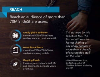 A truly global audience
more than 50% of SlideShare
readers are from outside the US.
A mobile audience
more than 25% of Sl...
