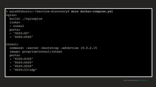 MORE INFORMATION AT NGINX.COM
$ sarah@ubuntu:~/service-discovery$ more docker-compose.yml
nginx:
build: ./nginxplus
links:
- consul
ports:
- "9050:80"
- "8080:8080"
consul:
command: -server -bootstrap -advertise 10.0.2.15
image: progrium/consul:latest
ports:
- "8300:8300"
- "8400:8400"
- "8500:8500"
- "8600:53/udp”
 