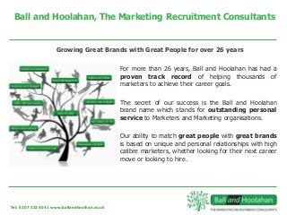 For more than 26 years, Ball and Hoolahan has had a
proven track record of helping thousands of
marketers to achieve their career goals.
The secret of our success is the Ball and Hoolahan
brand name which stands for outstanding personal
service to Marketers and Marketing organisations.
Our ability to match great people with great brands
is based on unique and personal relationships with high
calibre marketers, whether looking for their next career
move or looking to hire.
Growing Great Brands with Great People for over 26 years
Ball and Hoolahan, The Marketing Recruitment Consultants
Tel: 0207 323 4041 www.ballandhoolhan.co.uk
 