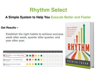 Rhythm Select!
A Simple System to Help You Execute Better and Faster!
Get Results – !
!
Establish the right habits to achieve success !
week after week, quarter after quarter, and !
year after year.!!
!
 