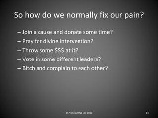 So how do we normally fix our pain? <ul><ul><li>Join a cause and donate some time? </li></ul></ul><ul><ul><li>Pray for div...