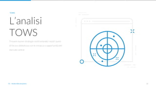 23
Trovare nuove strategie confrontando i nostri punti
di forza e debolezza con le minacce e opportunità del
mercato online.
L’analisi
TOWS
TOWS
01 - Analisi della situazione
 
