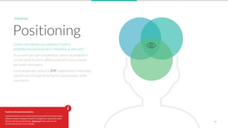 2903 - Strategia
Come intendiamo posizionare il nostro
prodotto/servizio/azienda in relazione al mercato?
In un mercato ipercompetitivo, saturo di prodotti e
servizi simili tra loro, differenziarsi è l’unica chiave
per poter emergere.
La strategia per farlo è la STP: segmentare il mercato,
identificare il target prioritario e posizionarsi nella
sua mente.
Positioning
STRATEGIA
Il potere del posizionamento.
Il posizionamento è uno tra gli strumenti più potenti di comunicazione:
dedicare tempo e impegno in questa strategia farà risparmiare molto
denaro nella fase di advertising. Scopri qui l’intero percorso di
posizionamento per la tua strategia.
 